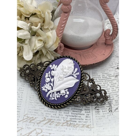 Lily Valley Purple Victorian Flower Cameo Wedding Pin Hair Clip Jewelry Comb - Picture 5 of 10
